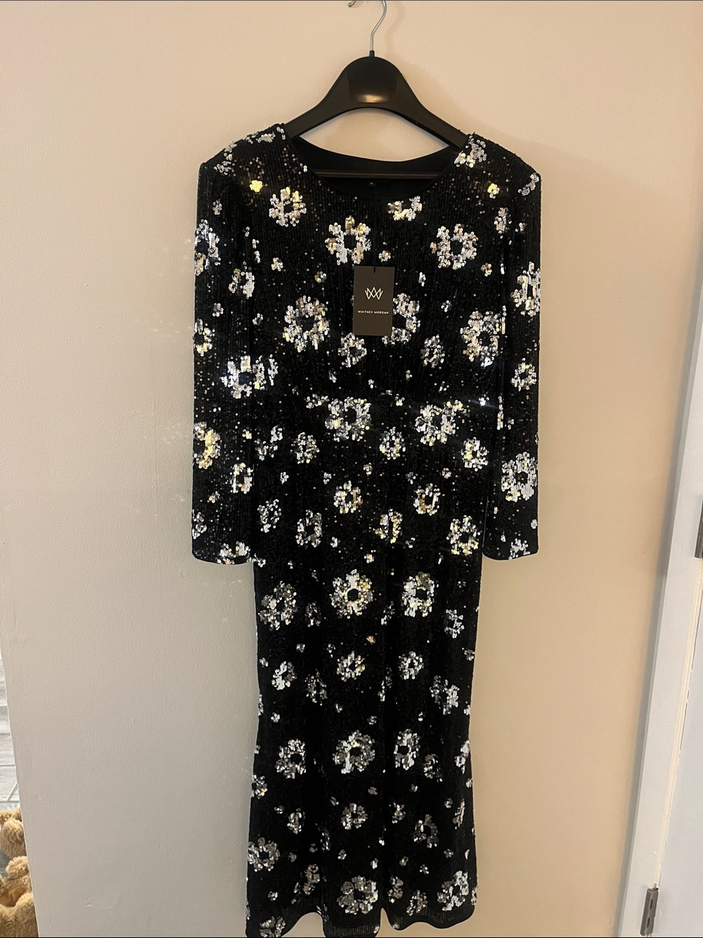 Whitney Morgan Black Sequin Floral Long-Sleeve Evening Dress NWT